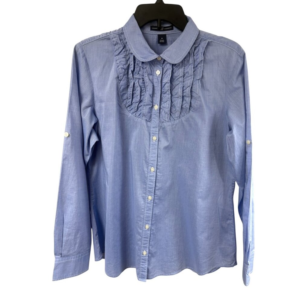 GAP Chambray‎ Blue Cotton Ruffle Roll Tab Button Up Shirt